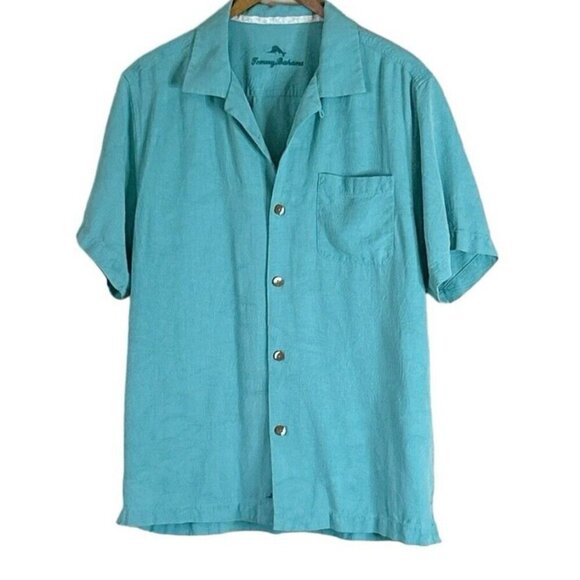 Tommy Bahama Mens Blue 100% Silk Aqua Blue Original Fit Palm Tree Fish Shirt Med - Picture 7 of 7